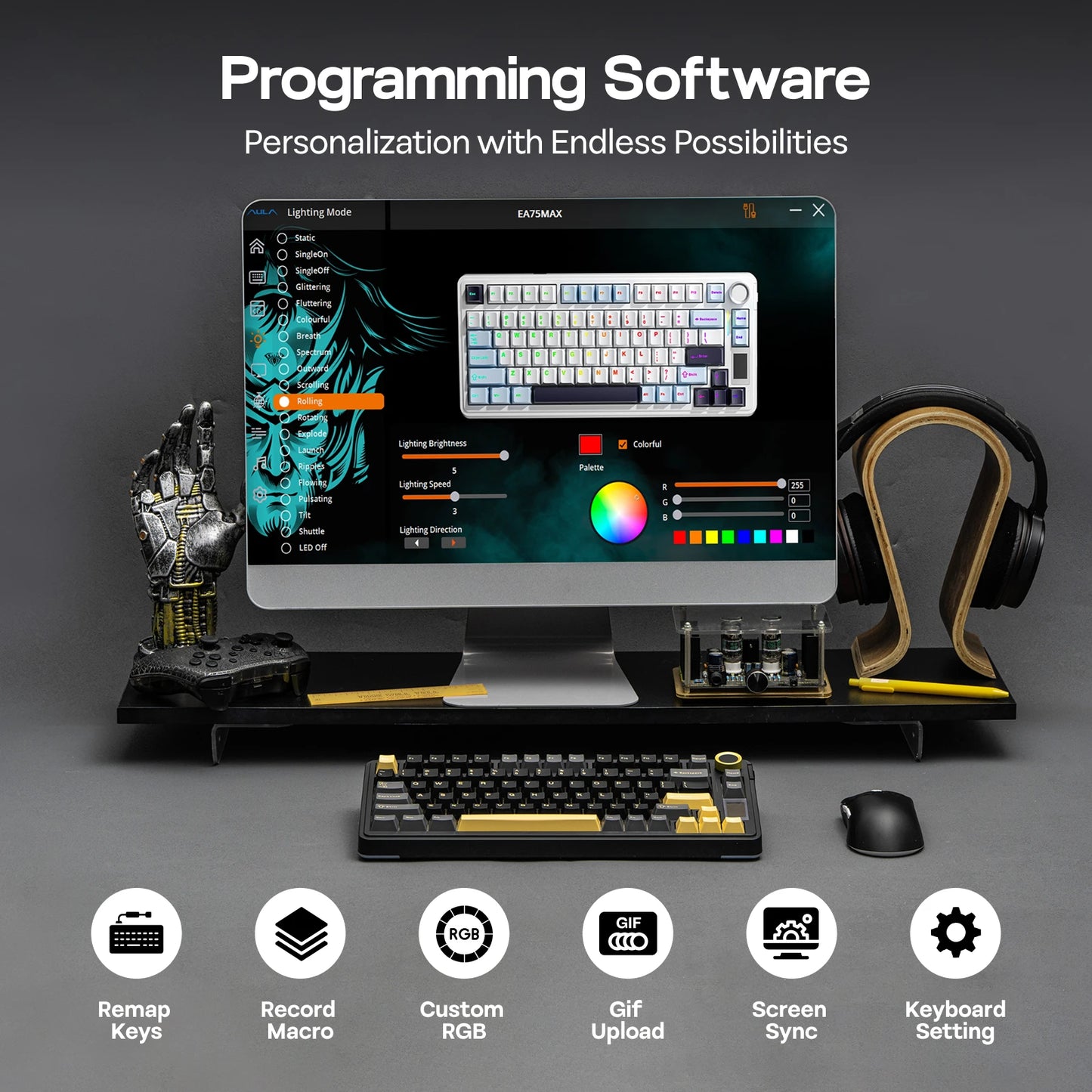EPOMAKER X AULA EA75 MAX 75% ANSI US Layout Hot-Swap Gasket Wired/Bt/2.4Ghz Wireless Mechanical Keyboard with Screen & Knob